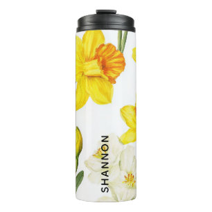 Watercolor Daffodil Floral Botanical White Design Thermal Tumbler