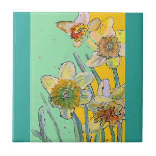 Watercolor Daffodil Flower Floral Aqua Tile