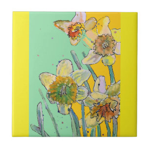 Watercolor Daffodil Flower Floral Aqua Yellow Tile