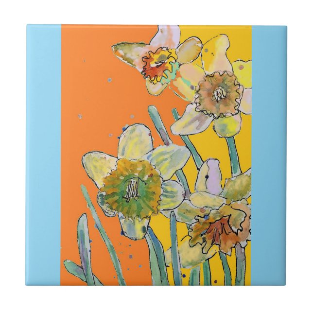Watercolor Daffodil Flower Floral Orange Yellow Tile (Front)