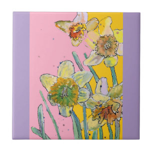 Watercolor Daffodil Flower Floral Pink Yellow  Tile
