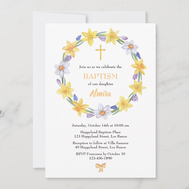 Watercolor Daffodil Wreath Baptism Invitation (Front)