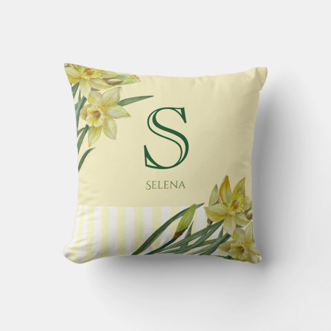 Watercolor Daffodils Flower Floral Art Monogram Cushion (Front)