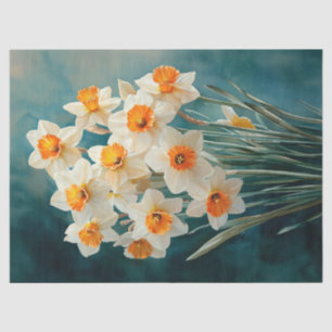 Watercolor Daffodils Teal Background Decoupage Tissue Paper