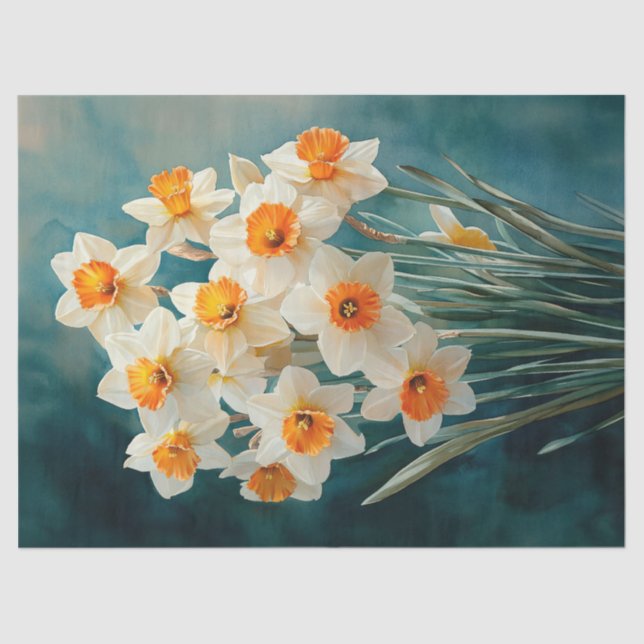 Watercolor Daffodils Teal Background Decoupage Tissue Paper (Front)