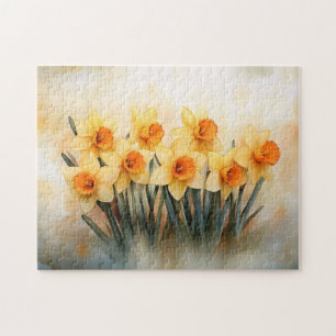 Watercolor Daffodils Yellow and Green Jigsaw Puzzle