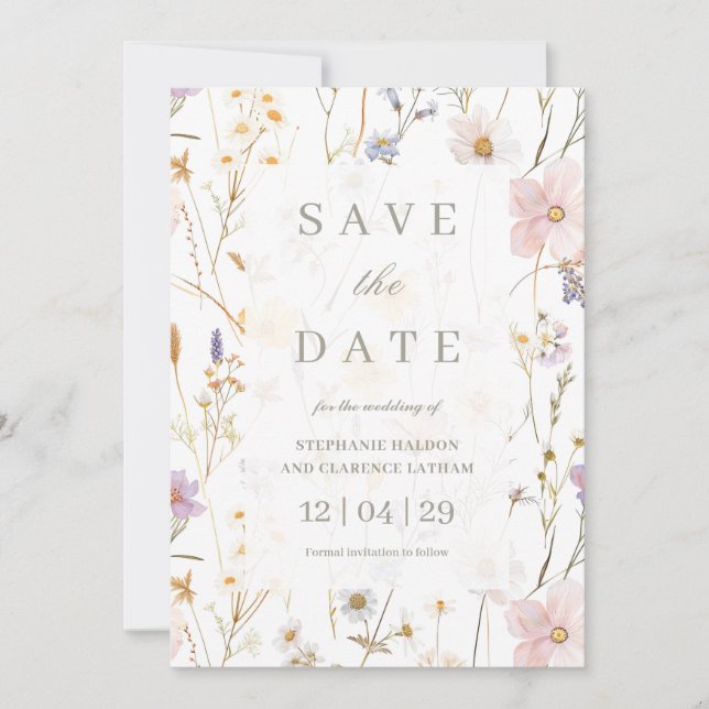 Watercolor Dainty Flowers Wedding Save the Date Invitation (Front)