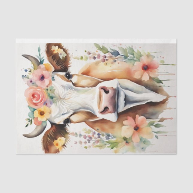 Watercolor Dairy Cow with Flowers Decoupage  Tissue Paper (Front)