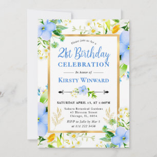 Watercolor Daisies and Blue Flowers 21st Birthday Invitation