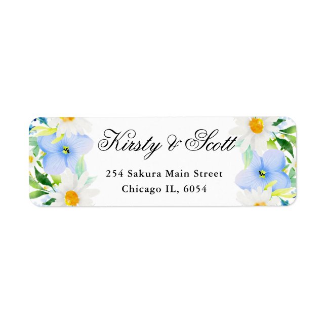 Watercolor Daisies and Blue Flowers address (Front)