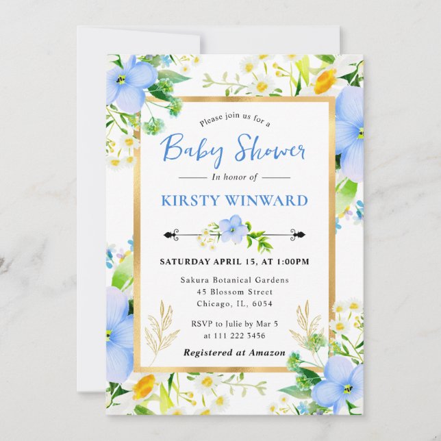 Watercolor Daisies and Blue Flowers Baby Shower Invitation (Front)