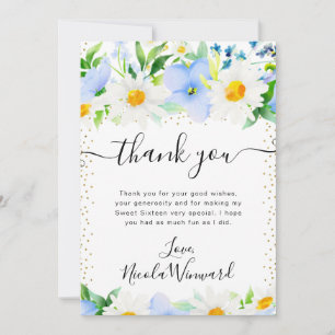 Watercolor Daisies and Blue Flowers Sweet 16 Thank You Card