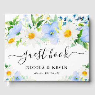 Watercolor Daisies and Blue Flowers Wedding Guest Book