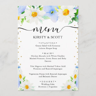 Watercolor Daisies and Blue Flowers Wedding Menu
