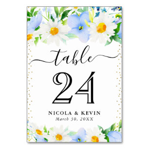Watercolor Daisies and Blue Summer Flowers Wedding Table Number