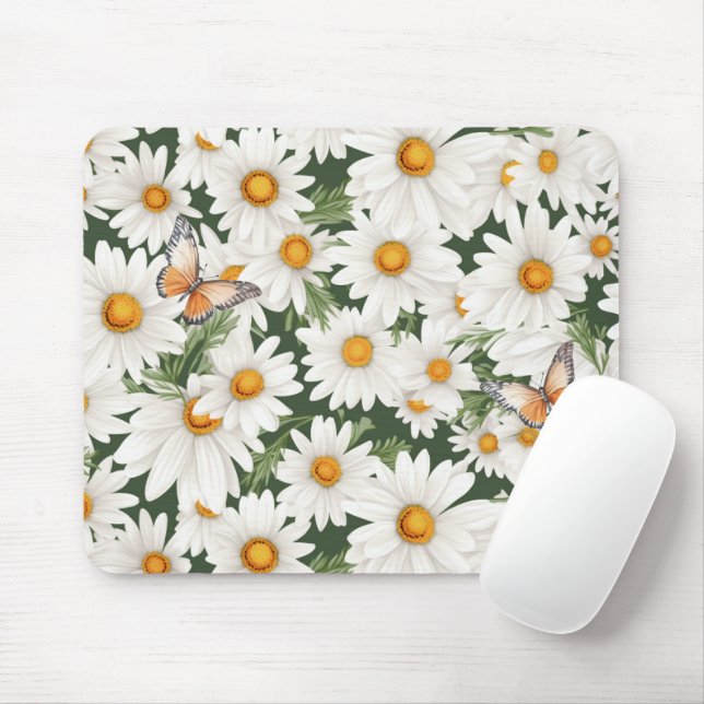 Watercolor Daisies and Butterflies Mouse Pad (With Mouse)