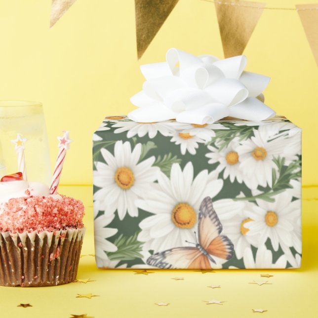 Watercolor Daisies and Butterflies Wrapping Paper (Birthday Party)
