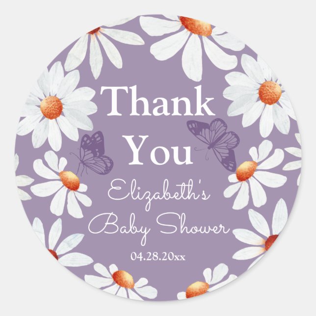 Watercolor Daisies and Butterfly Baby Shower  Classic Round Sticker (Front)