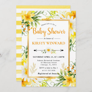 Watercolor Daisies and Yellow Flowers Baby Shower Invitation