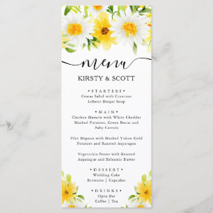 Watercolor Daisies and Yellow Flowers Wedding Menu