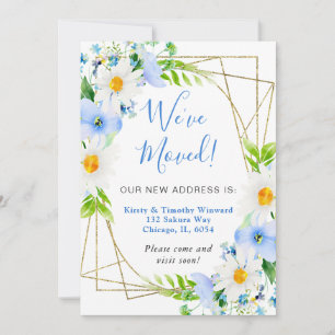 Watercolor Daisies Blue Flowers Frame We've Moved Announcement