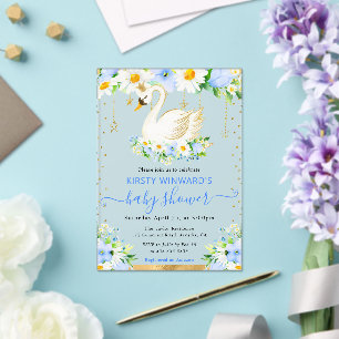 Watercolor Daisies & Blue Flowers Swan Baby Shower Acrylic Invitations