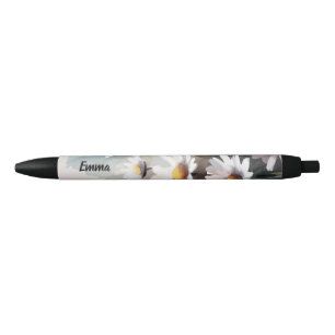 Watercolor Daisies Botanical Elegant Script Name Black Ink Pen