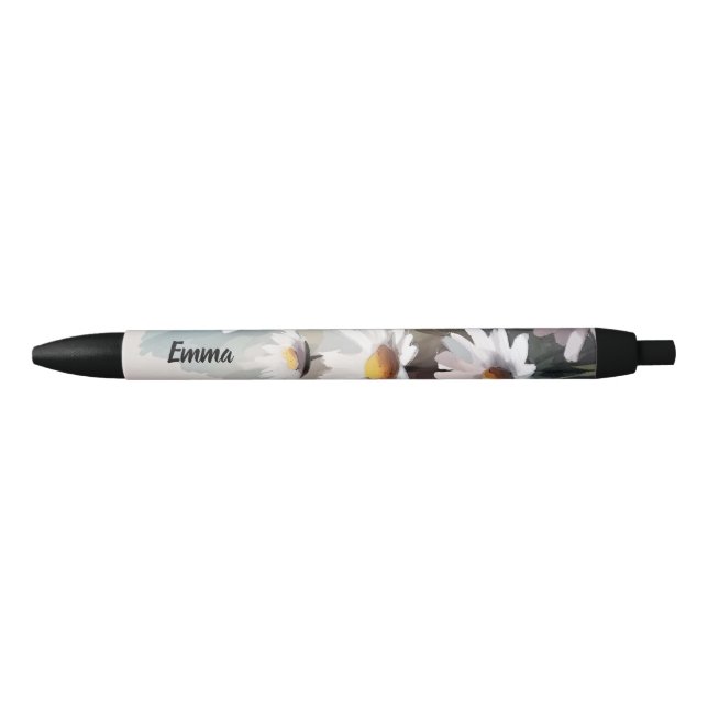 Watercolor Daisies Botanical Elegant Script Name Black Ink Pen (Front)