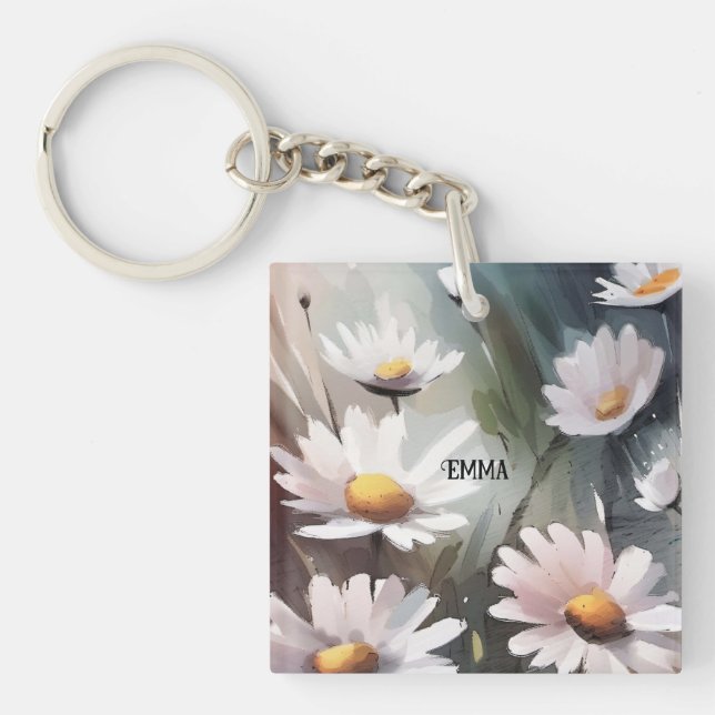 Watercolor Daisies Custom Name Text Key Ring (Front)