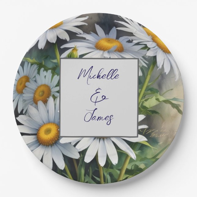 Watercolor Daisies Flowers Professional Trendy Paper Plate (Front)