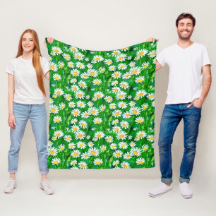 Watercolor Daisies in a Green Field Fleece Blanket