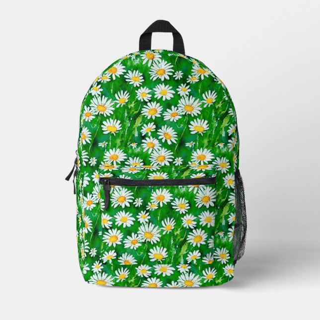 Watercolor Daisies in a Green Field Printed Backpack (Front)