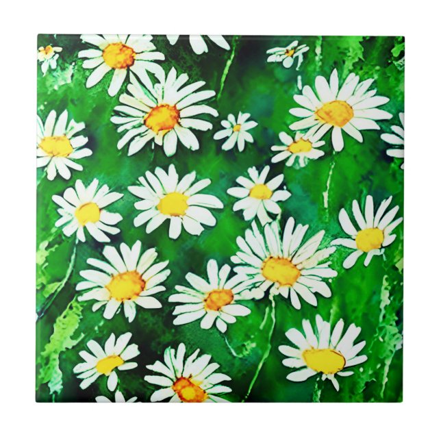 Watercolor Daisies in a Green Field Tile (Front)