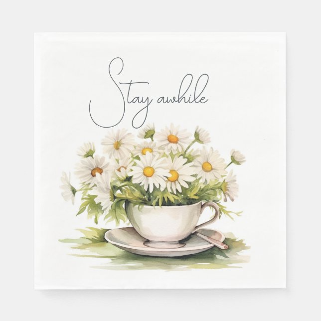Watercolor Daisies In Coffee Cup With Text Napkin (Front)