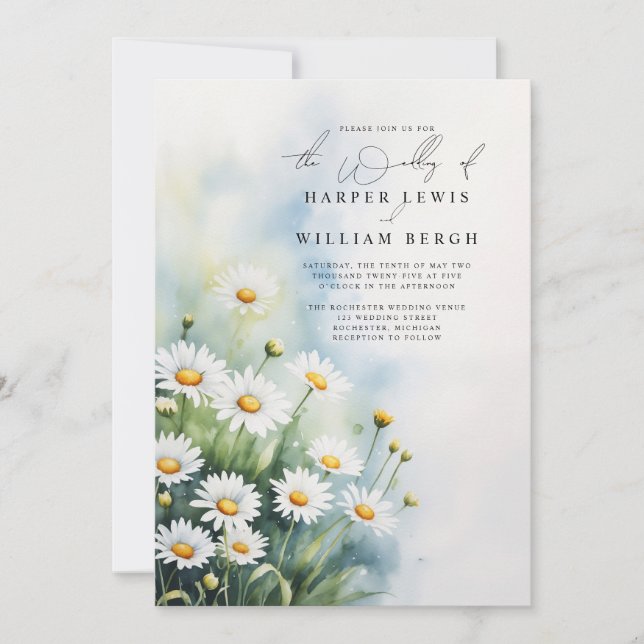 watercolor daisies meadow qr code wedding invitation (Front)