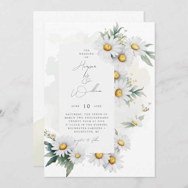 Watercolor daisies off-centred wedding invitation (Front/Back)