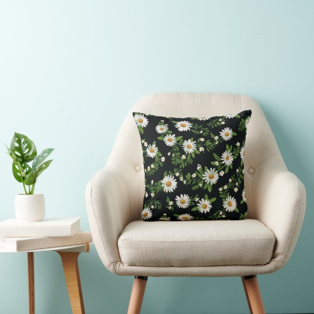 Watercolor Daisies On Black Cushion (Chair)