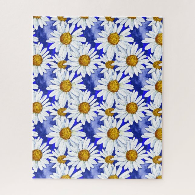 Watercolor Daisies on Denim Blue Jigsaw Puzzle (Vertical)
