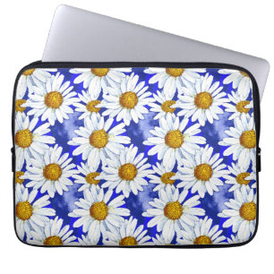 Watercolor Daisies on Denim Blue Laptop Sleeve