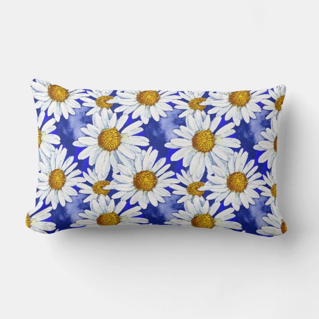 Watercolor Daisies on Denim Blue   Lumbar Cushion (Front)