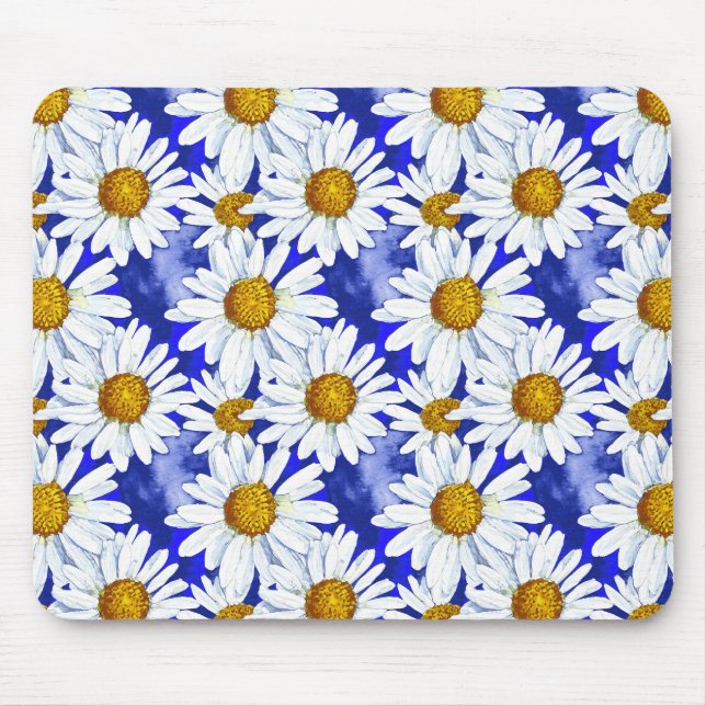 Watercolor Daisies on Denim Blue  Mouse Pad (Front)