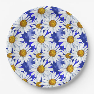 Watercolor Daisies on Denim Blue Paper Plate
