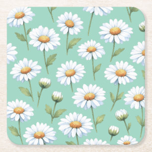 Watercolor daisies on square paper coaster