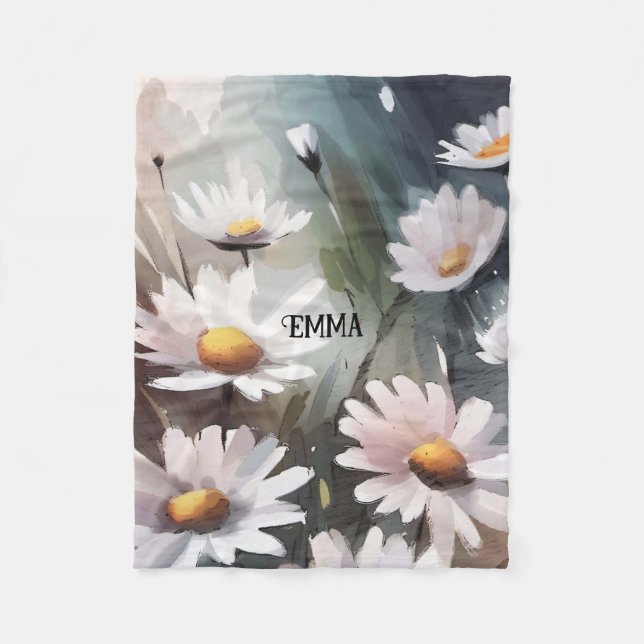 Watercolor Daisies Pattern Custom Name Fleece Blanket (Front)