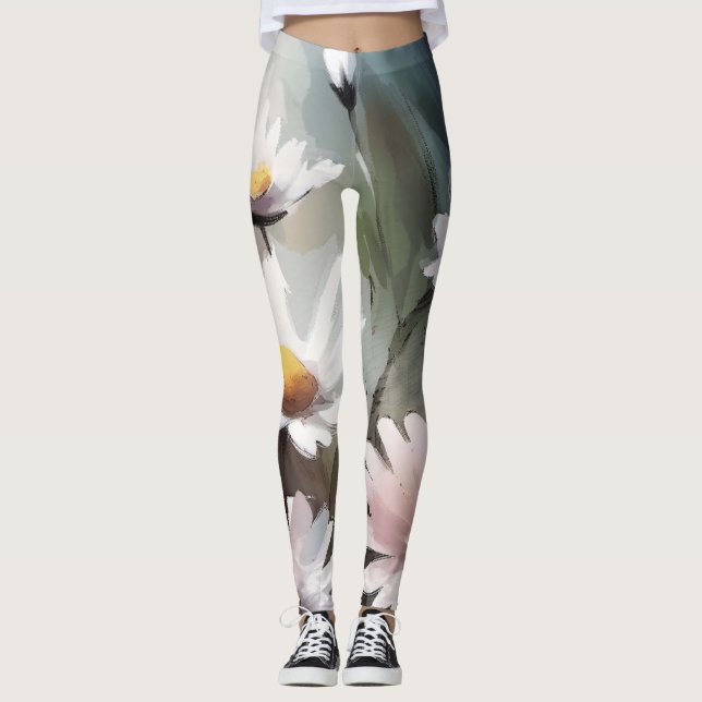 Watercolor Daisies Pattern Leggings (Front)