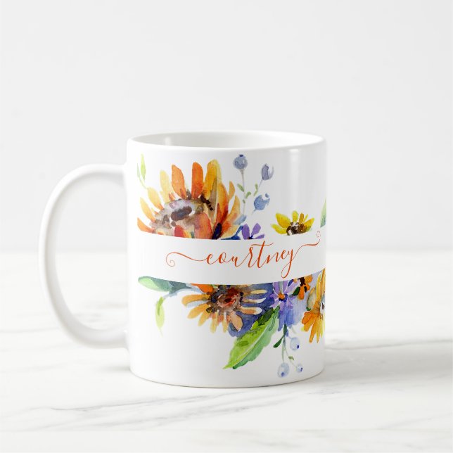 Watercolor daisies personalised coffee mug (Left)