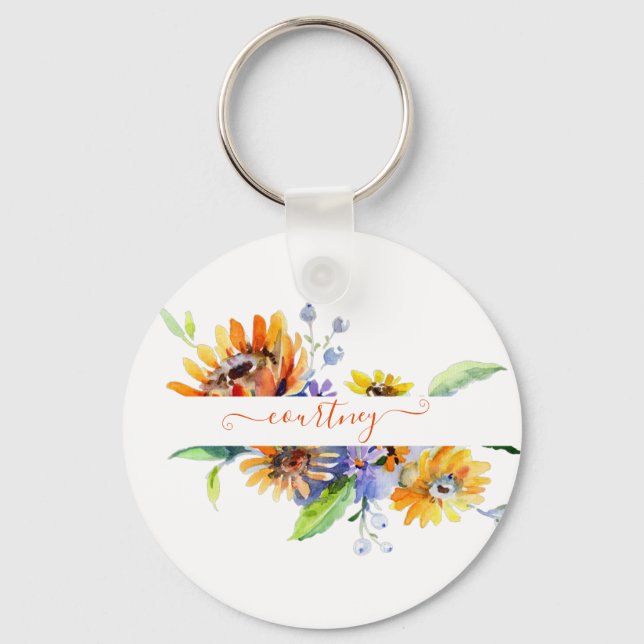 Watercolor daisies personalised   key ring (Front)