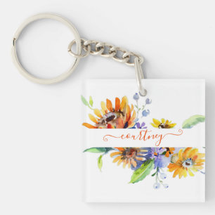Watercolor daisies personalised   key ring