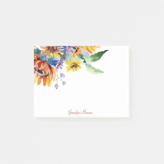Watercolor daisies personalised post-it notes (Front)