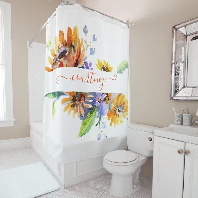 Watercolor daisies personalised  shower curtain (In Situ)